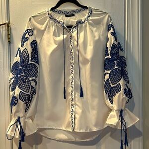 NWT white and Blue Embellished Buttoned Down Top with puffy Sleeves Size S